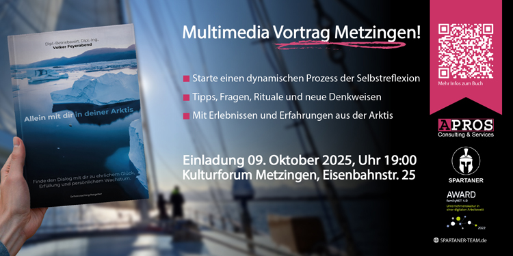 Veranstaltung am 09. Oktober in Metzingen. Volker Feyerabend mit seinem multimedialen Buchvortrag„Allein mit dir in deiner Arktis“ wurde ins Kulturforum Metzingen eingeladen. Der Abend verspricht spezielle Einblicke in seinen außergewöhnlichen Selbstcoaching-Ratgeber, seine spannenden Erfahrungen und Erlebnisse aus der Arktis.