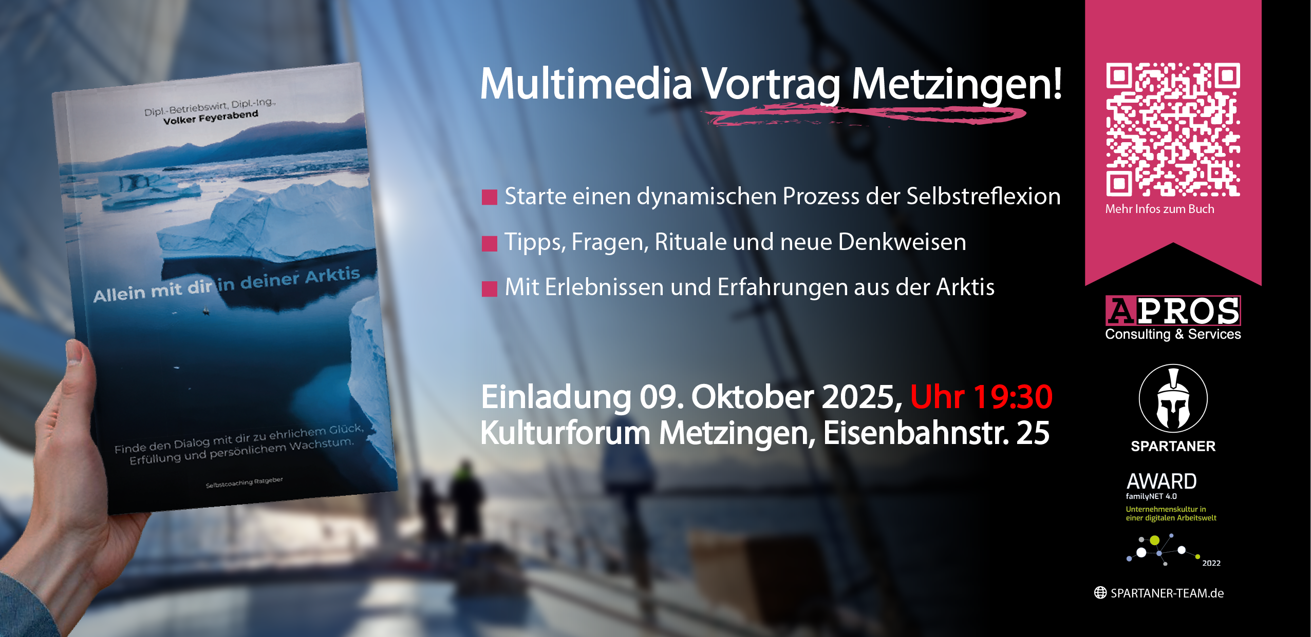Veranstaltung am 09. Oktober in Metzingen. Volker Feyerabend mit seinem multimedialen Buchvortrag„Allein mit dir in deiner Arktis“ wurde ins Kulturforum Metzingen eingeladen. Der Abend verspricht spezielle Einblicke in seinen außergewöhnlichen Selbstcoaching-Ratgeber, seine spannenden Erfahrungen und Erlebnisse aus der Arktis.